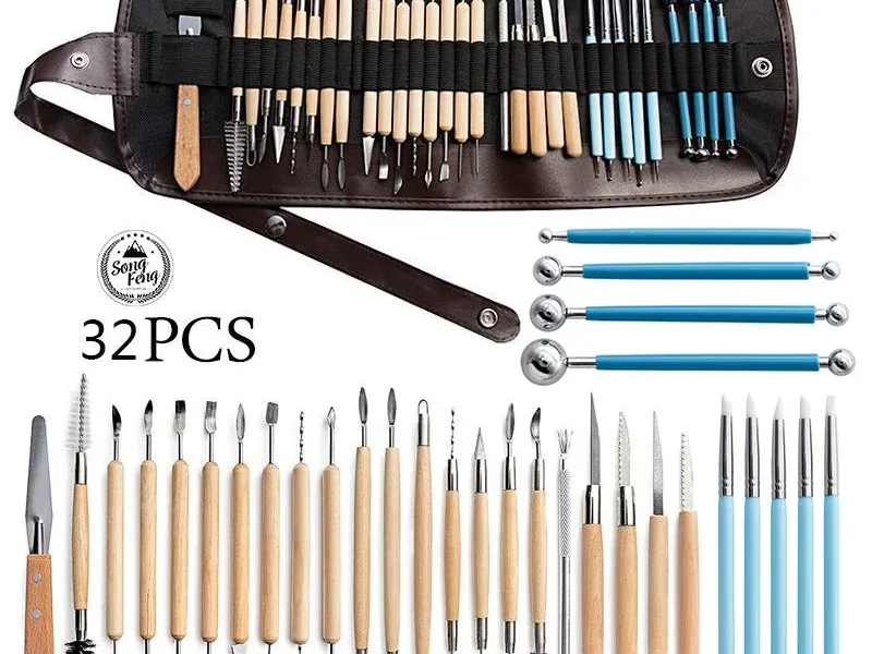 32-Piece Pottery Tool Set — Clay Sculpting Carving Knives, Silicone Dotting Pen, Embossing Ball Tools for Pottery Stone Plastic Clay DIY