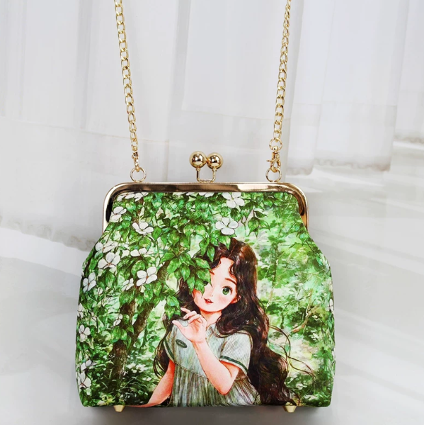 18cm Cartoon Girl Square Kiss-Lock Purse Kit — Whimsical Crossbody Bag with Flat Chain